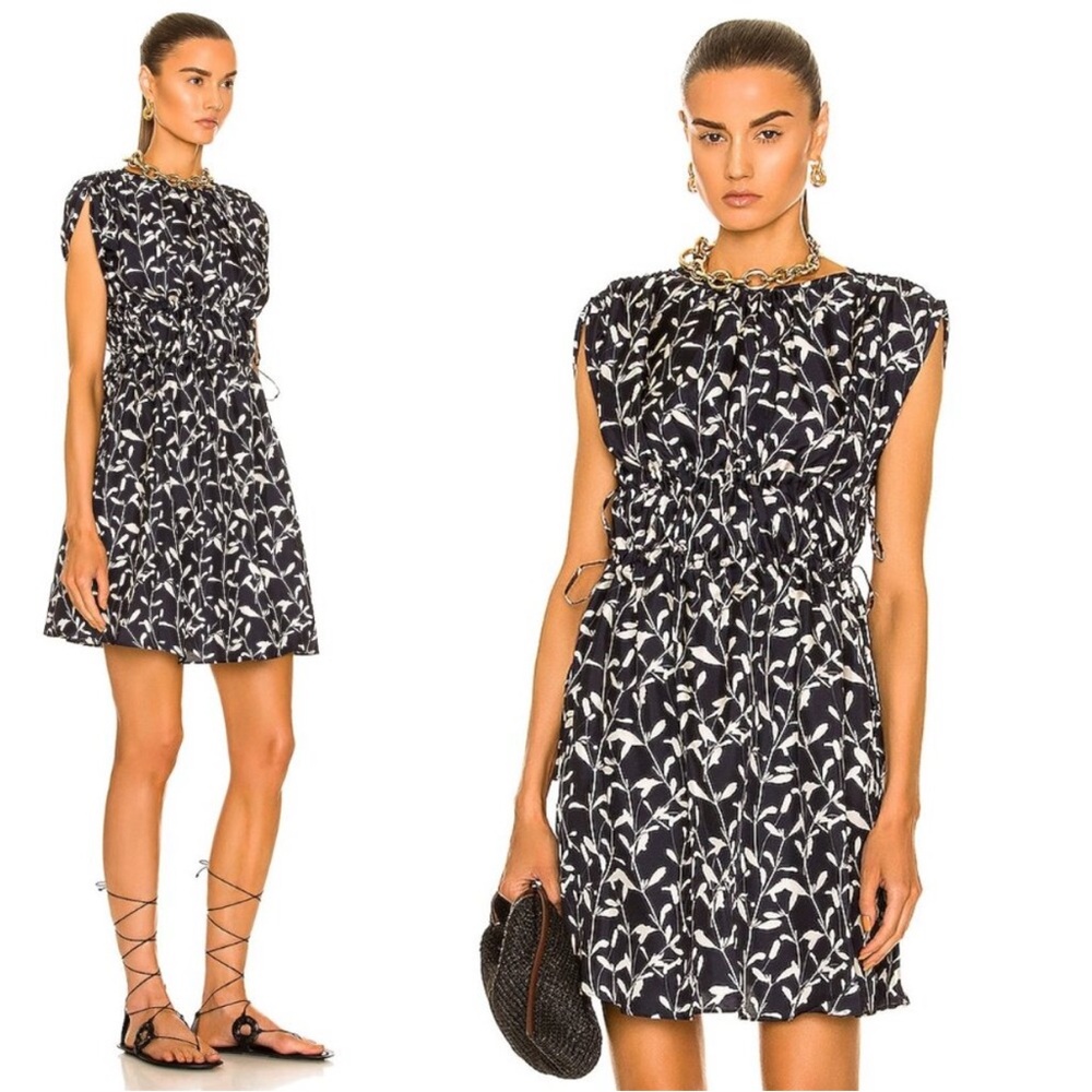ASCENO NEW 100% Silk The Nata Mini Dress in Navy Monochrome Leaf Size S